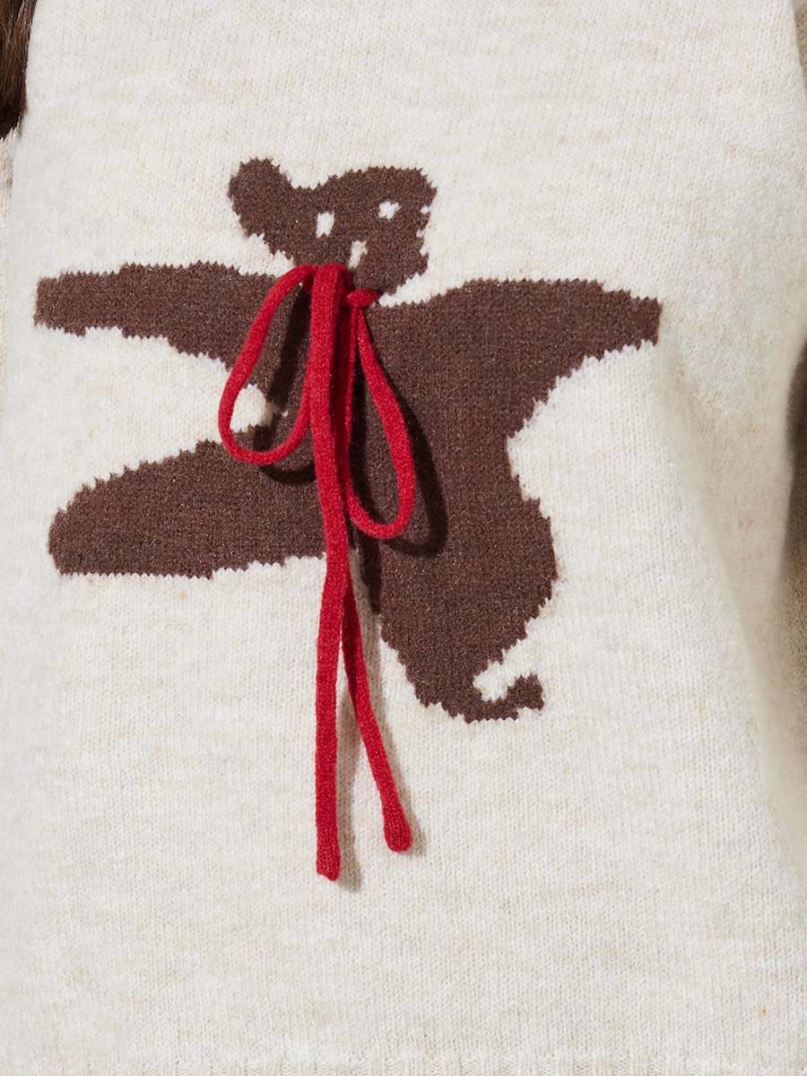 Beige Bear Design Tie-Up Details Jumper