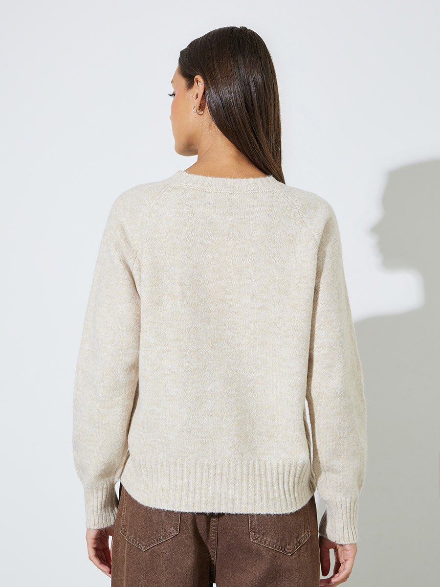 Beige Bear Design Tie-Up Details Jumper