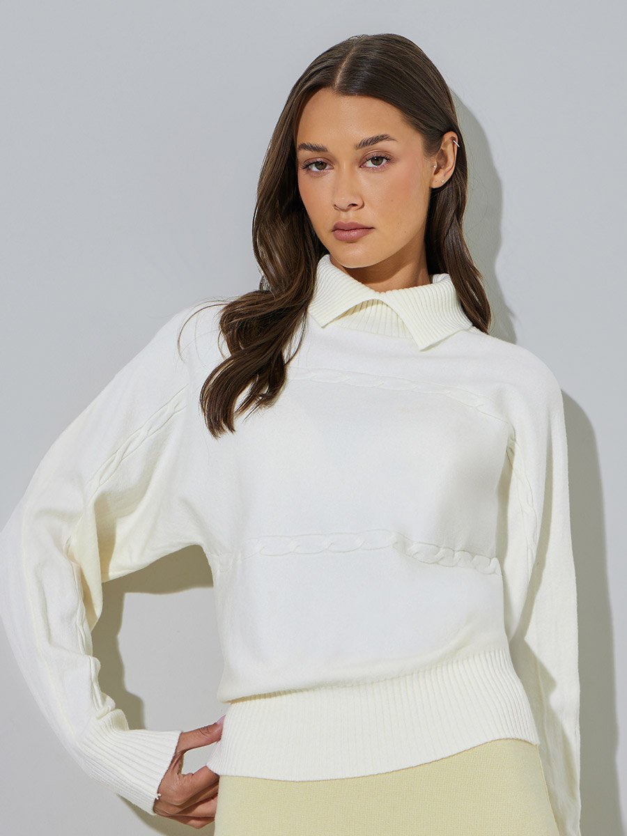 White Ribbed Collar Long Sleeves Jumper