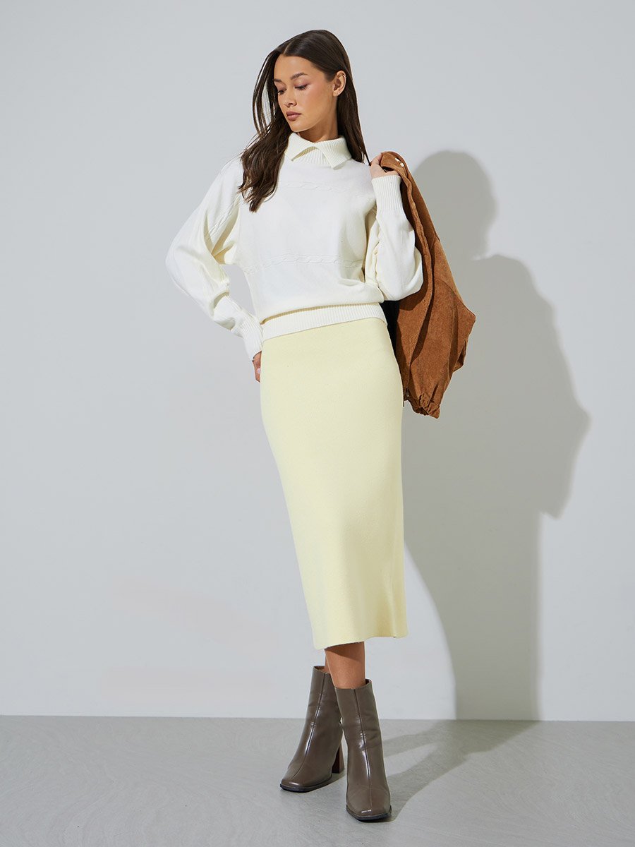 White Ribbed Collar Long Sleeves Jumper