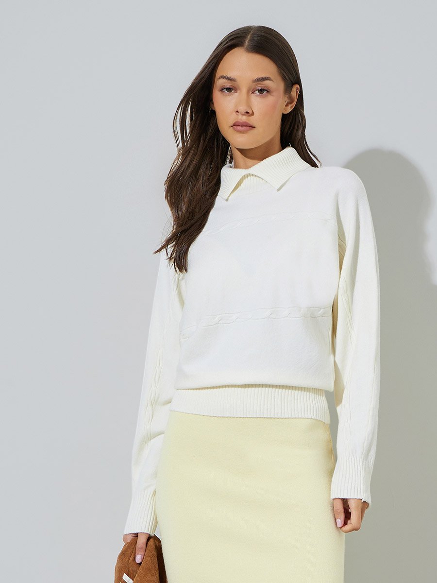 White Ribbed Collar Long Sleeves Jumper
