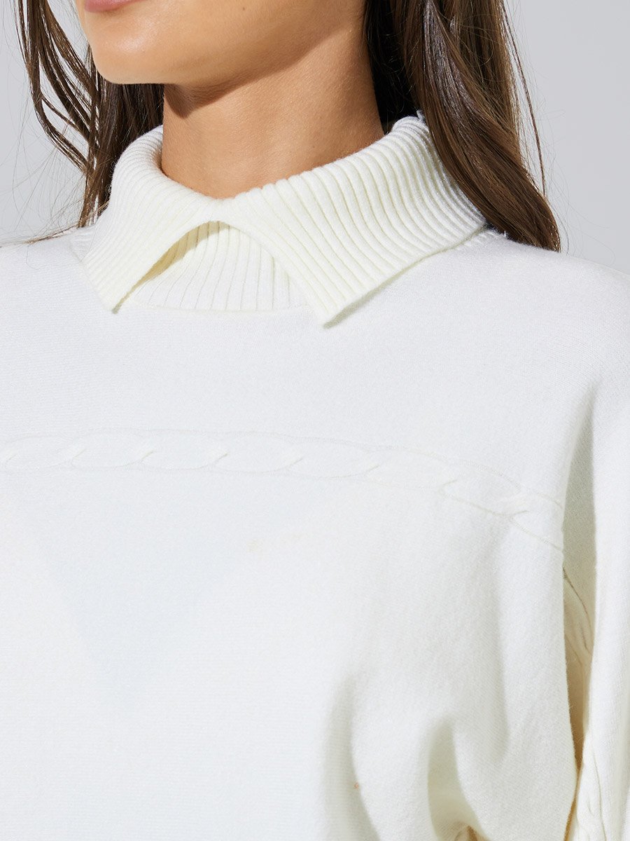 White Ribbed Collar Long Sleeves Jumper