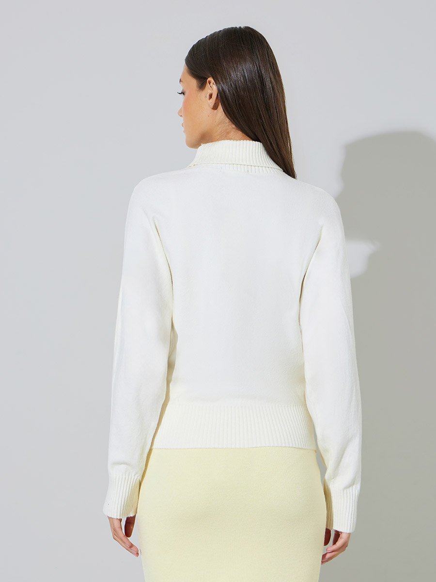 White Ribbed Collar Long Sleeves Jumper