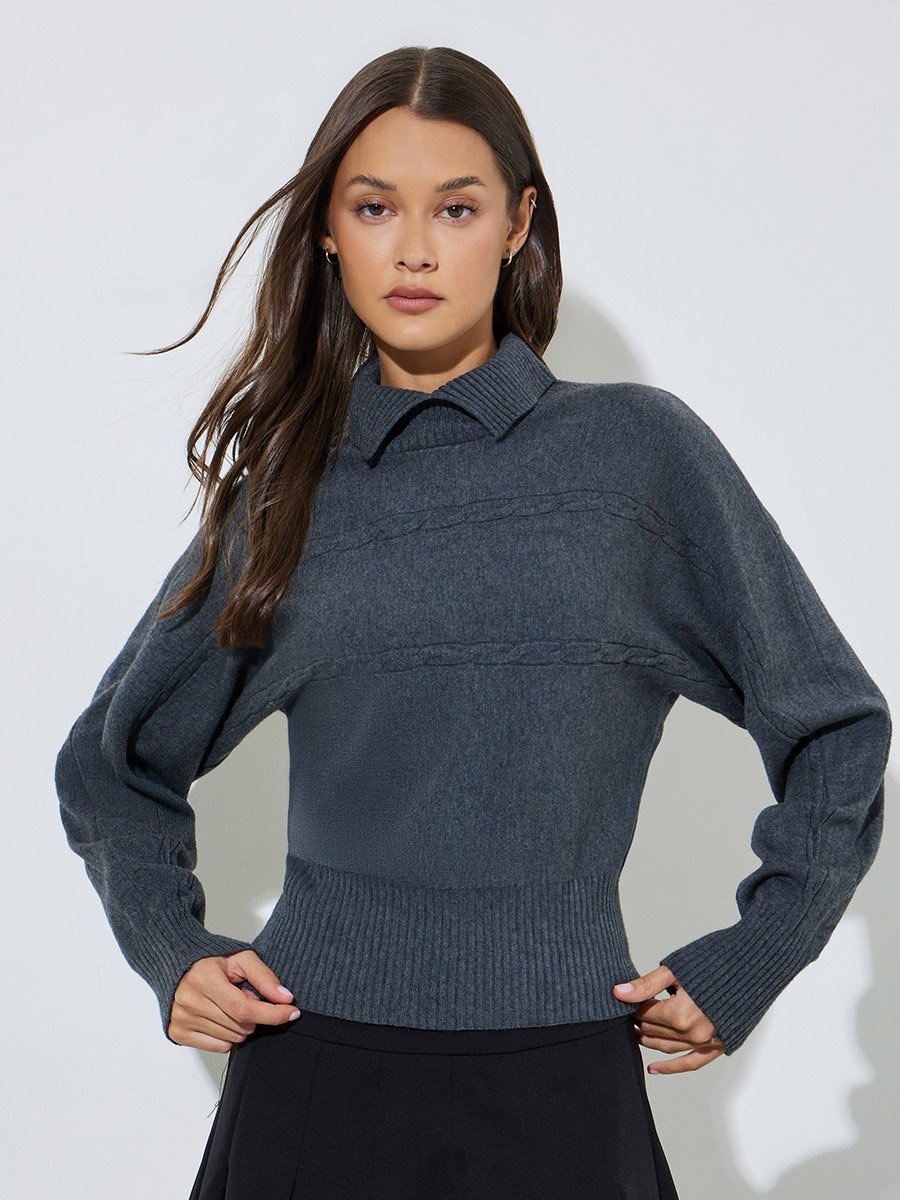 Grey Ribbed Collar Long Sleeves Jumper