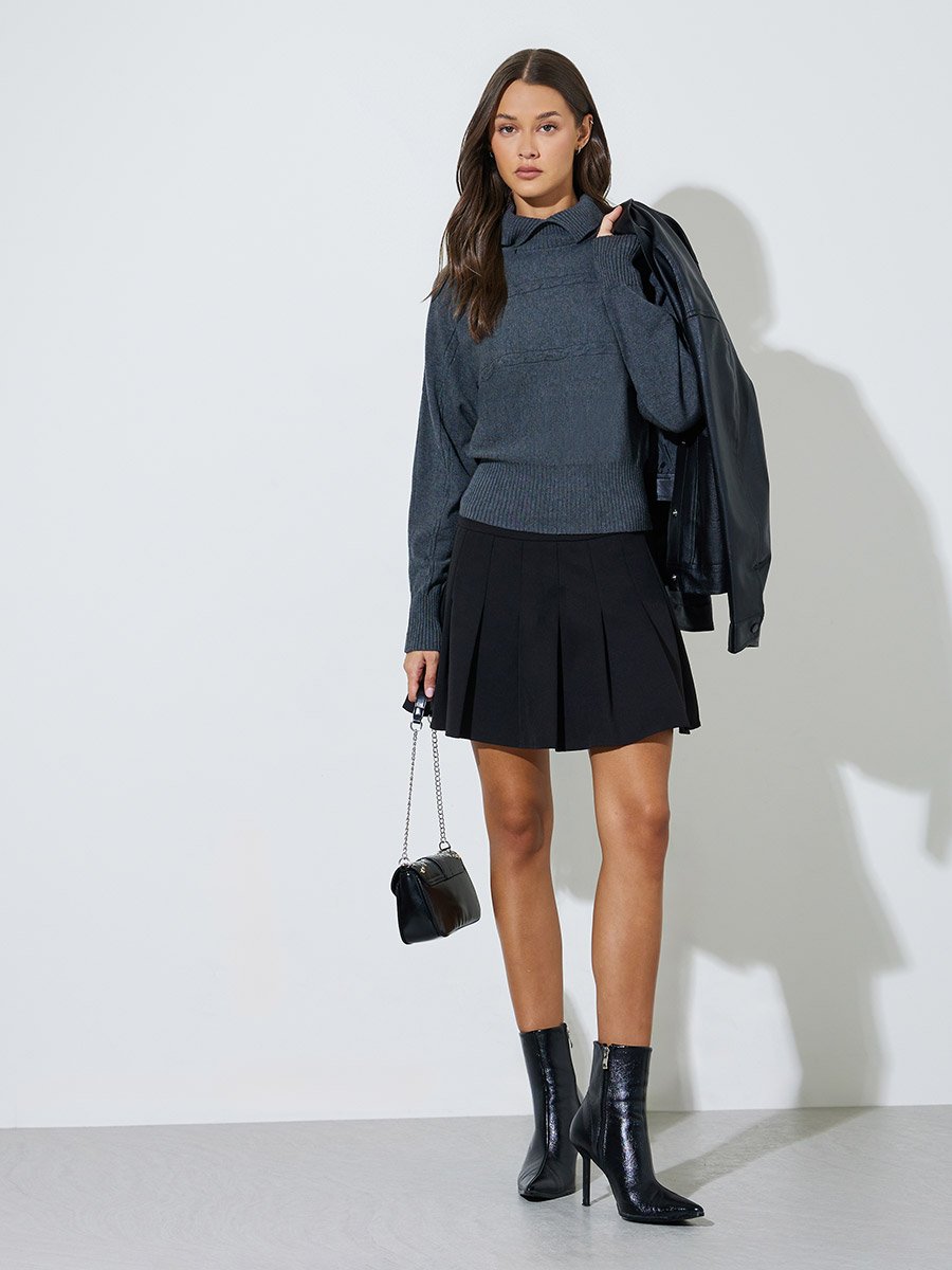 Grey Ribbed Collar Long Sleeves Jumper