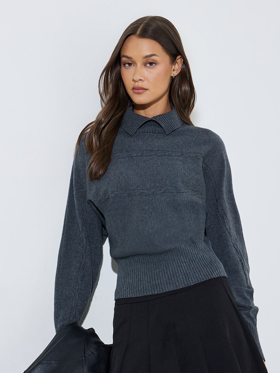 Grey Ribbed Collar Long Sleeves Jumper