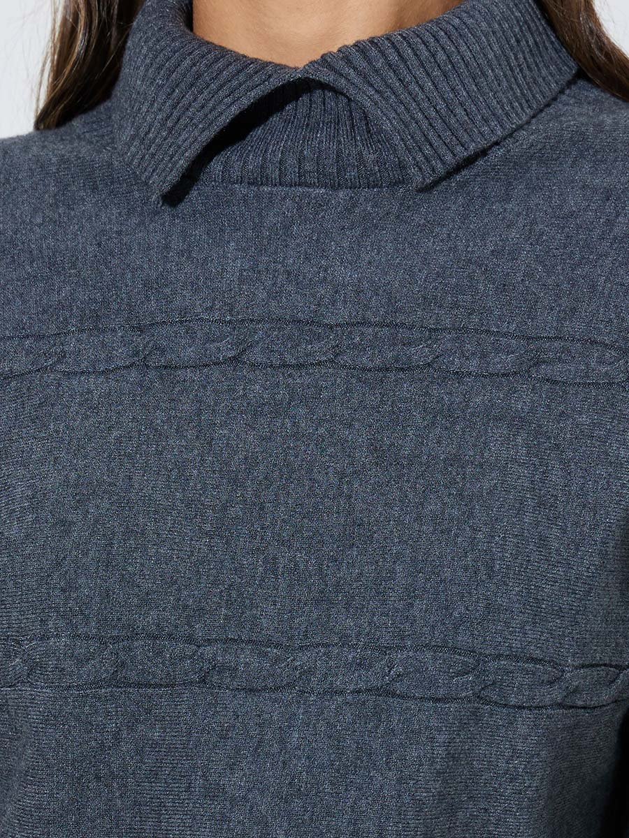 Grey Ribbed Collar Long Sleeves Jumper