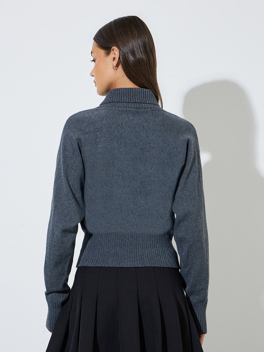 Grey Ribbed Collar Long Sleeves Jumper