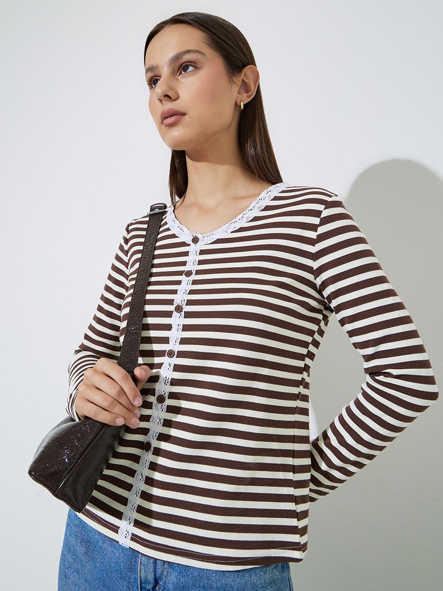 Striped Long Sleeve Knit Top with Lace Trim