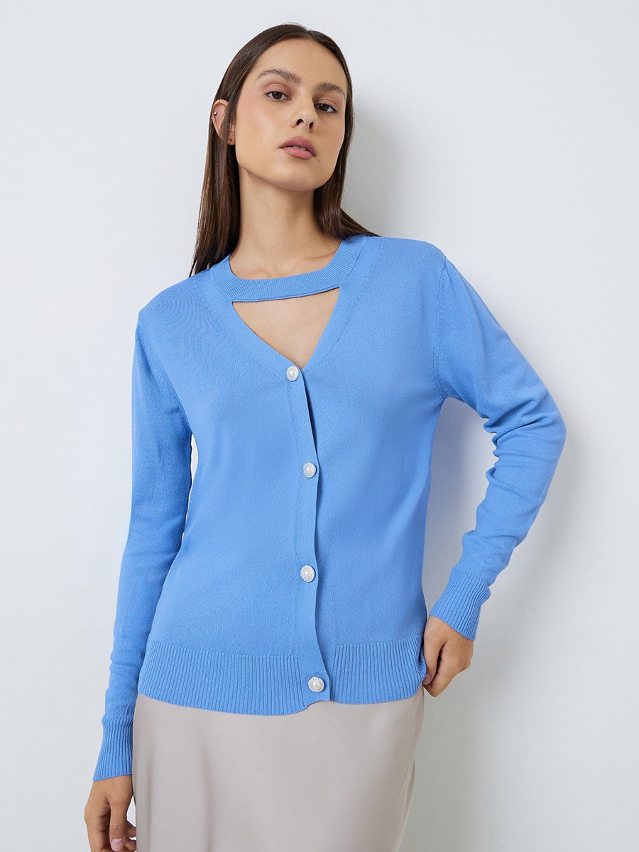 Blue Long Sleeve Knit Top with Cut-Out Neck