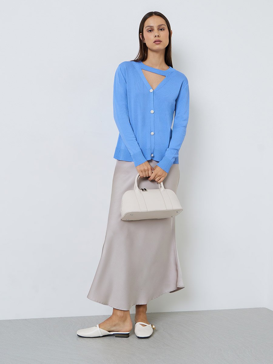 Blue Long Sleeve Knit Top with Cut-Out Neck
