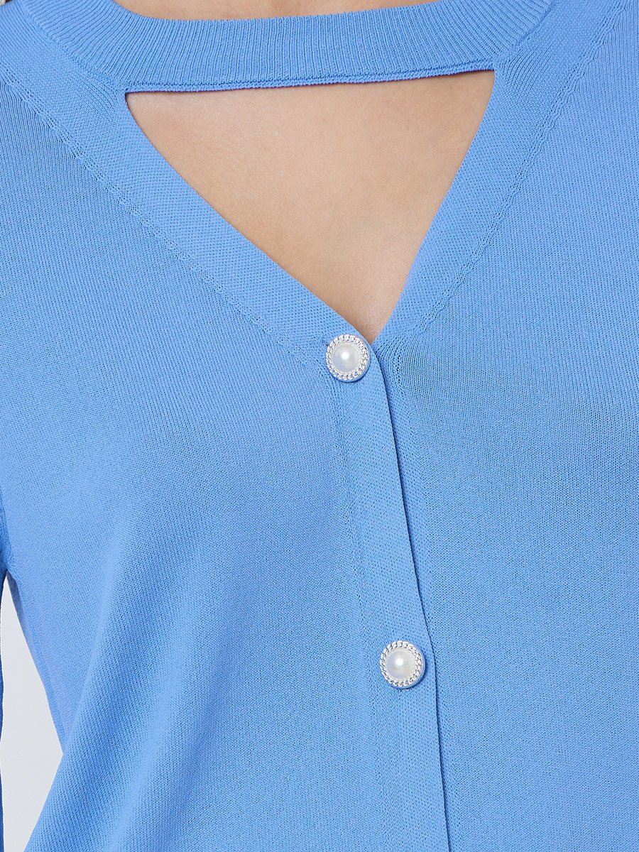 Blue Long Sleeve Knit Top with Cut-Out Neck