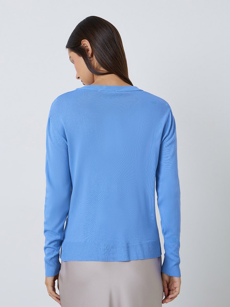 Blue Long Sleeve Knit Top with Cut-Out Neck