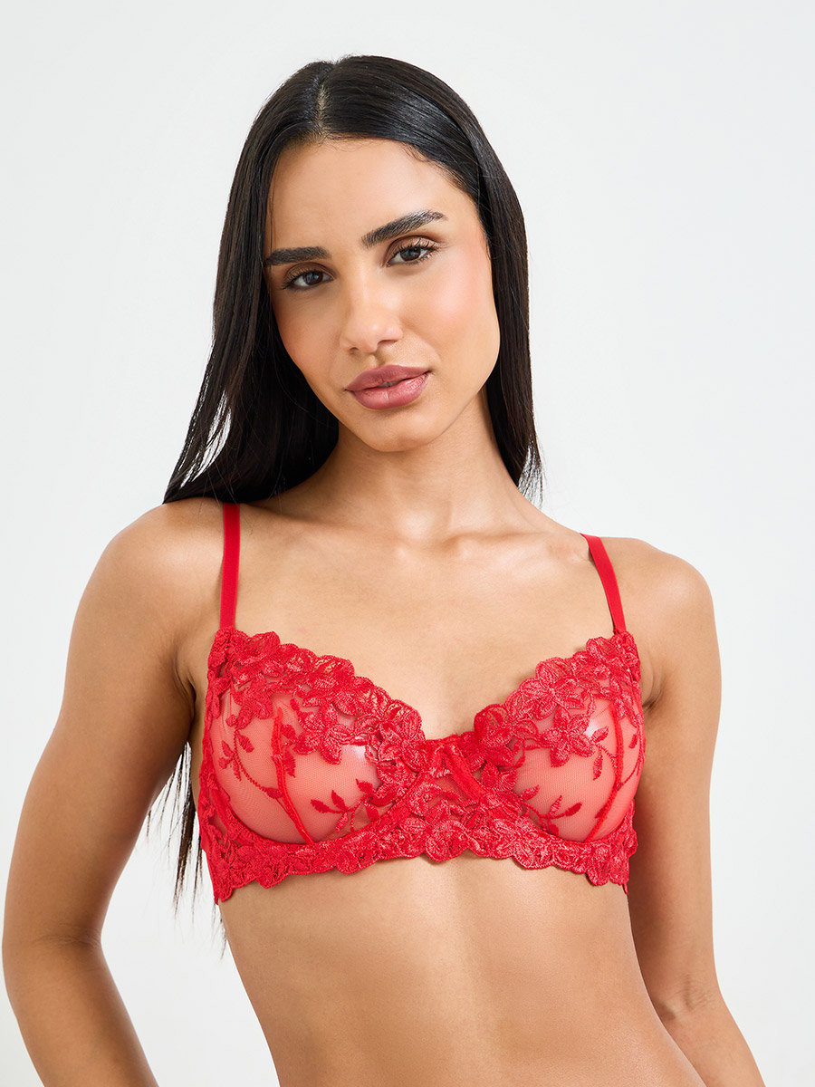 Red Embroidered Bralette and Thong Lingerie Set