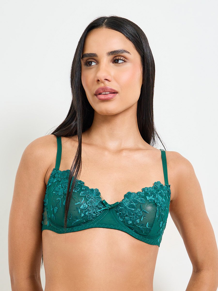 Embroidered Green Bralette and Thong Lingerie Set