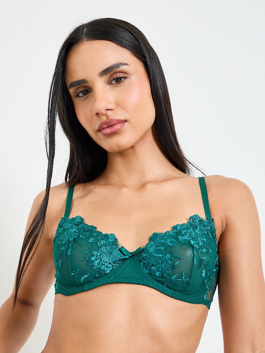 Embroidered Green Bralette and Thong Lingerie Set