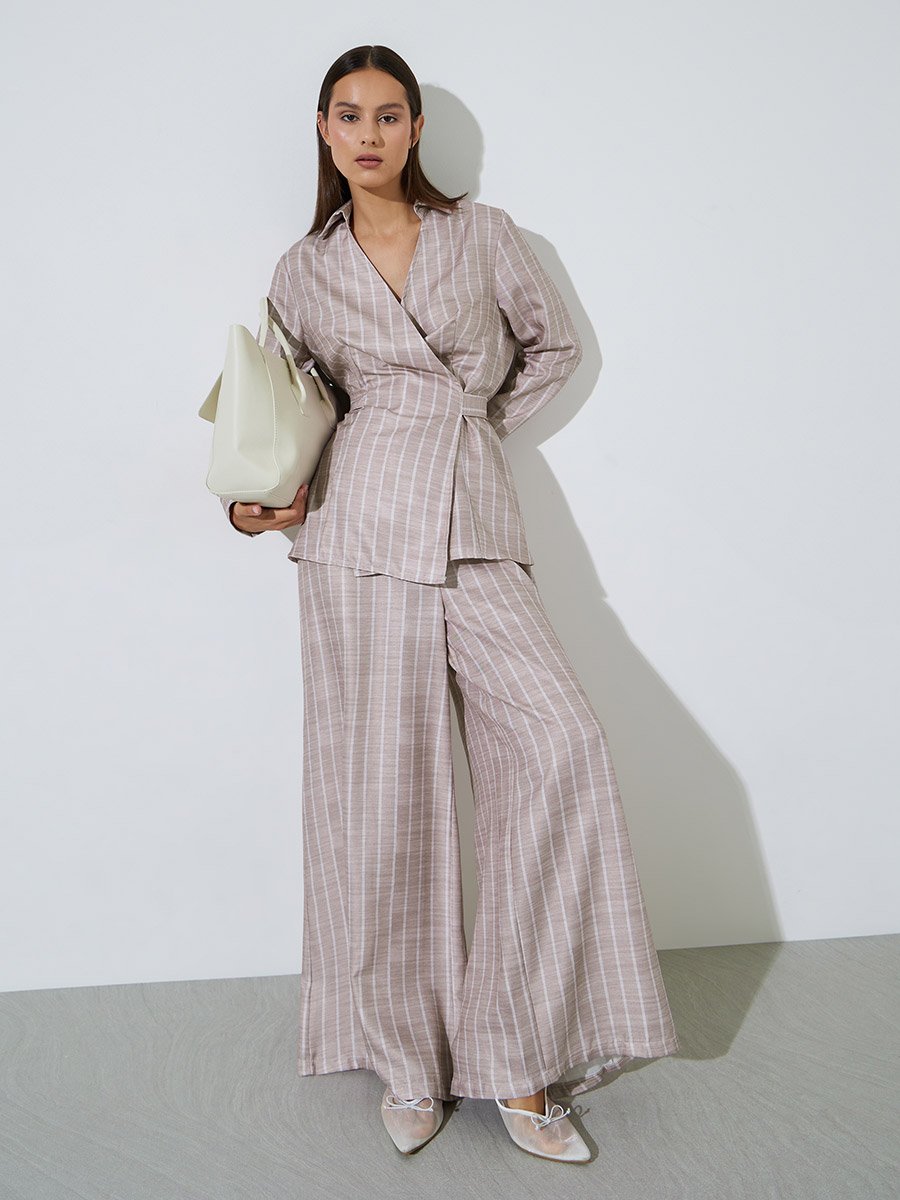 Striped Print Wrap Tie Shirt And Wide Leg Pants Set
