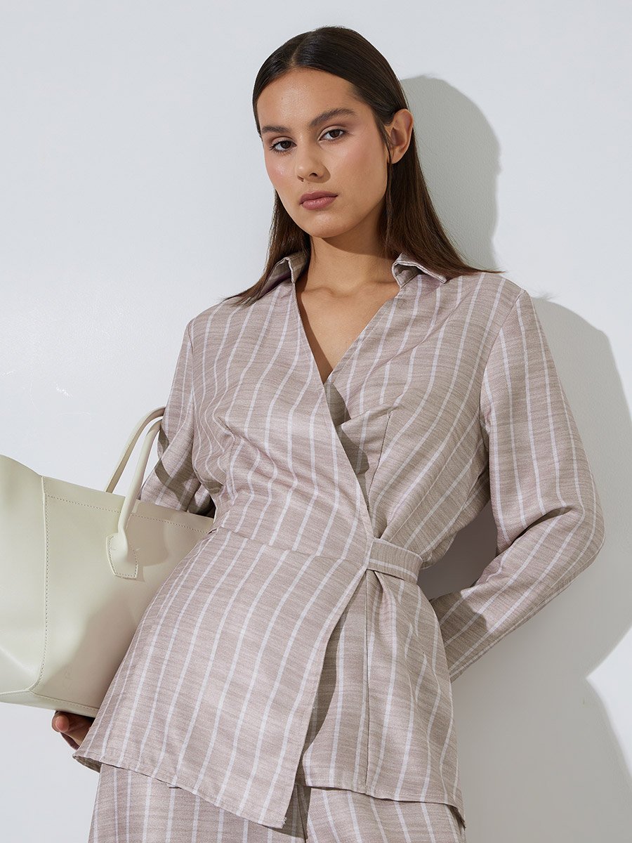 Striped Print Wrap Tie Shirt And Wide Leg Pants Set