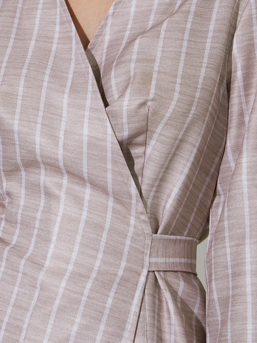 Striped Print Wrap Tie Shirt And Wide Leg Pants Set