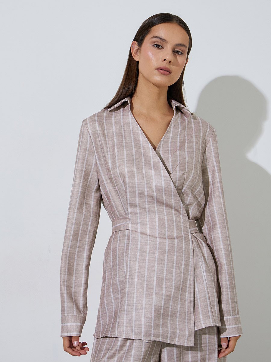 Striped Print Wrap Tie Shirt And Wide Leg Pants Set