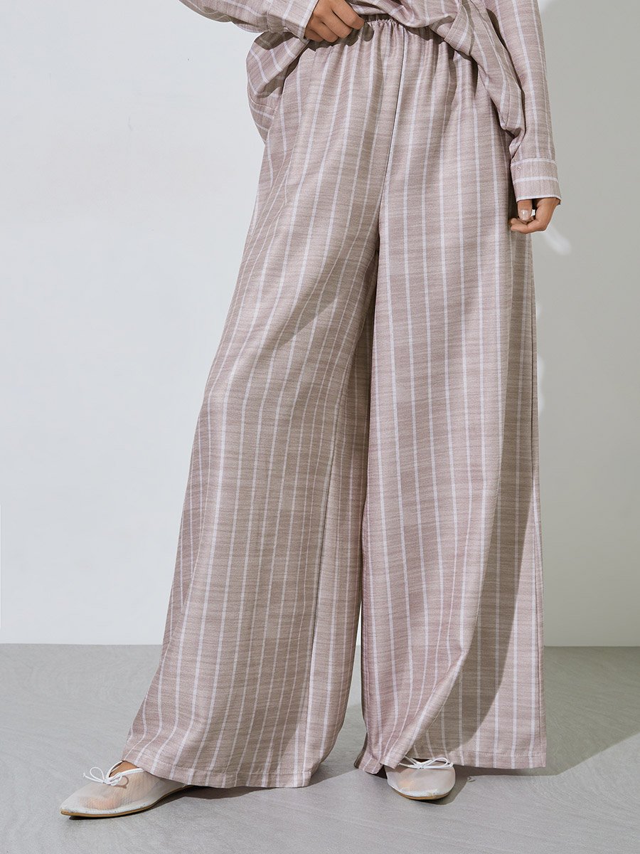 Striped Print Wrap Tie Shirt And Wide Leg Pants Set