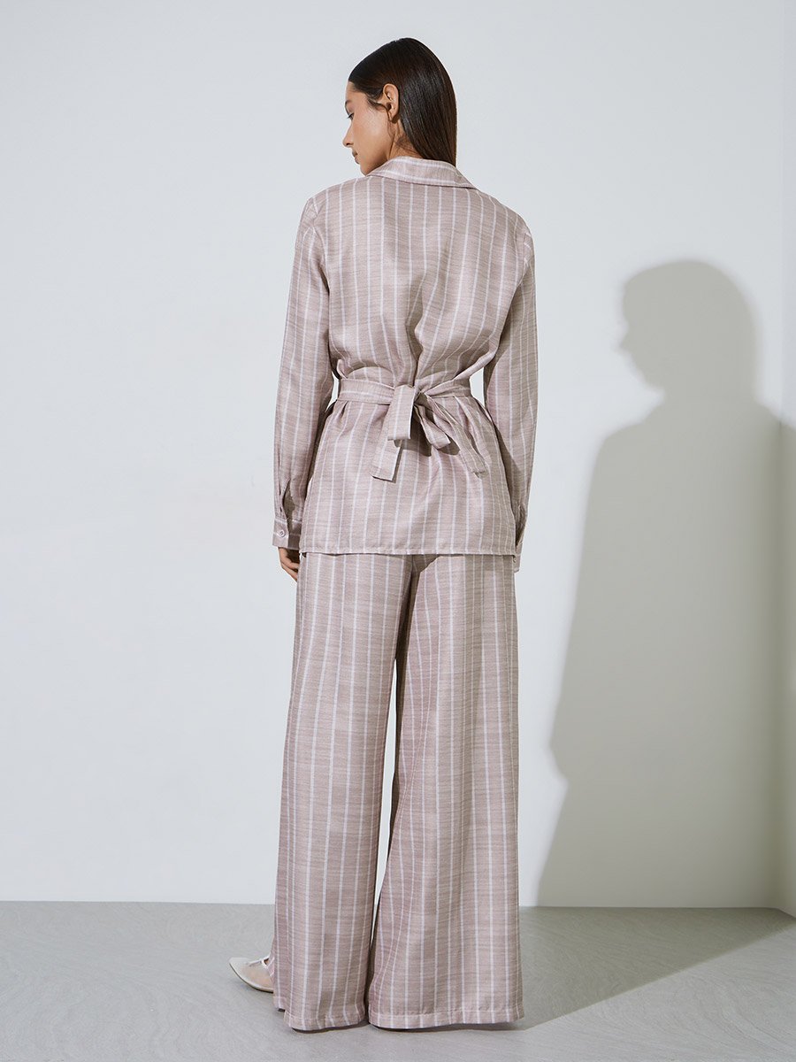 Striped Print Wrap Tie Shirt And Wide Leg Pants Set