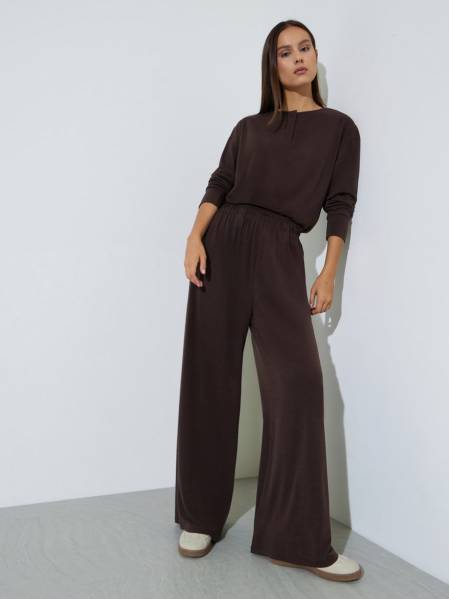 Brown Solid Long Sleeves Top and Wide Leg Joggers Set