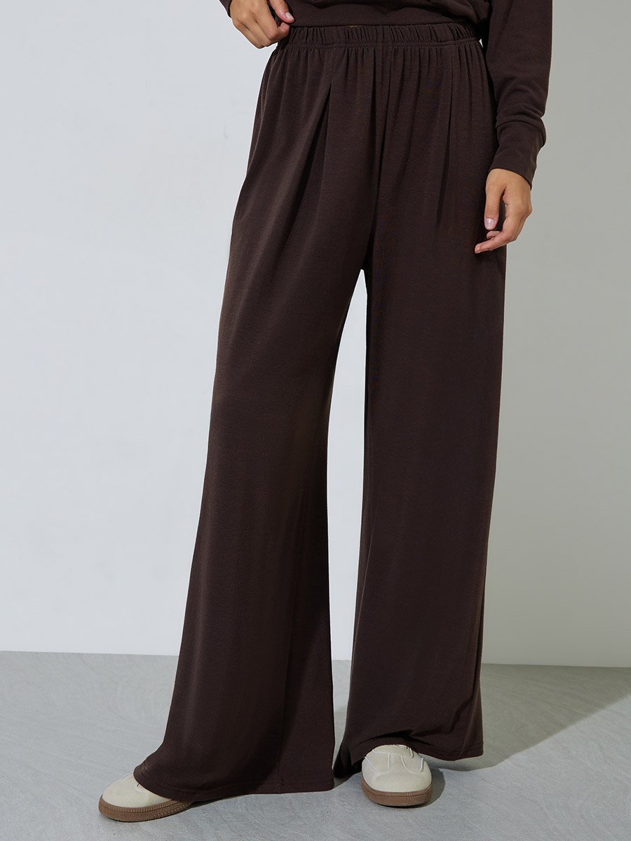 Brown Solid Long Sleeves Top and Wide Leg Joggers Set
