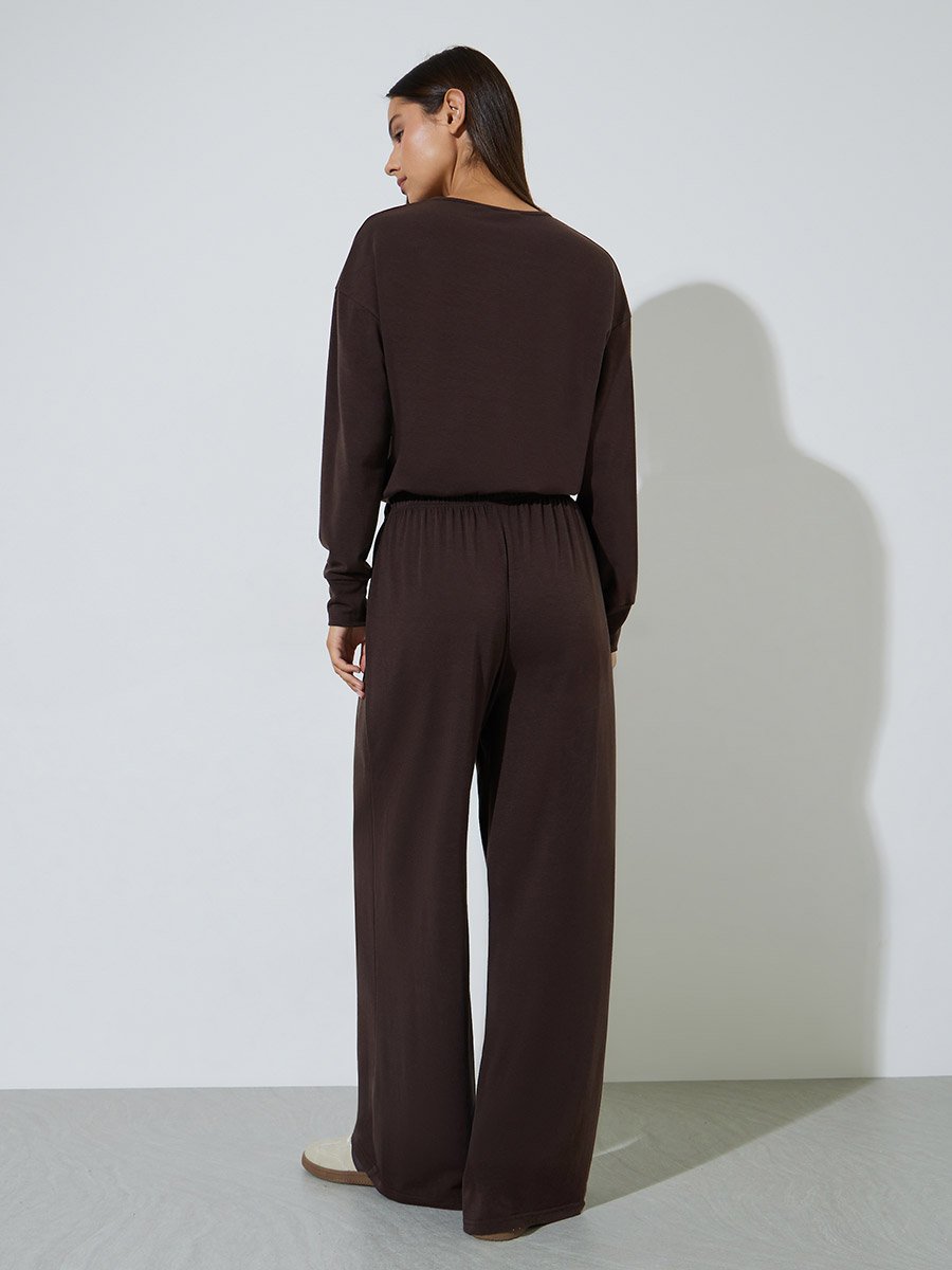 Brown Solid Long Sleeves Top and Wide Leg Joggers Set