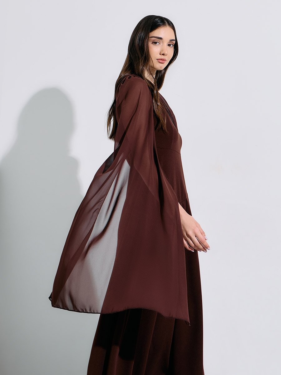 Brown Solid Cape Sleeves A-Line Midi Dress