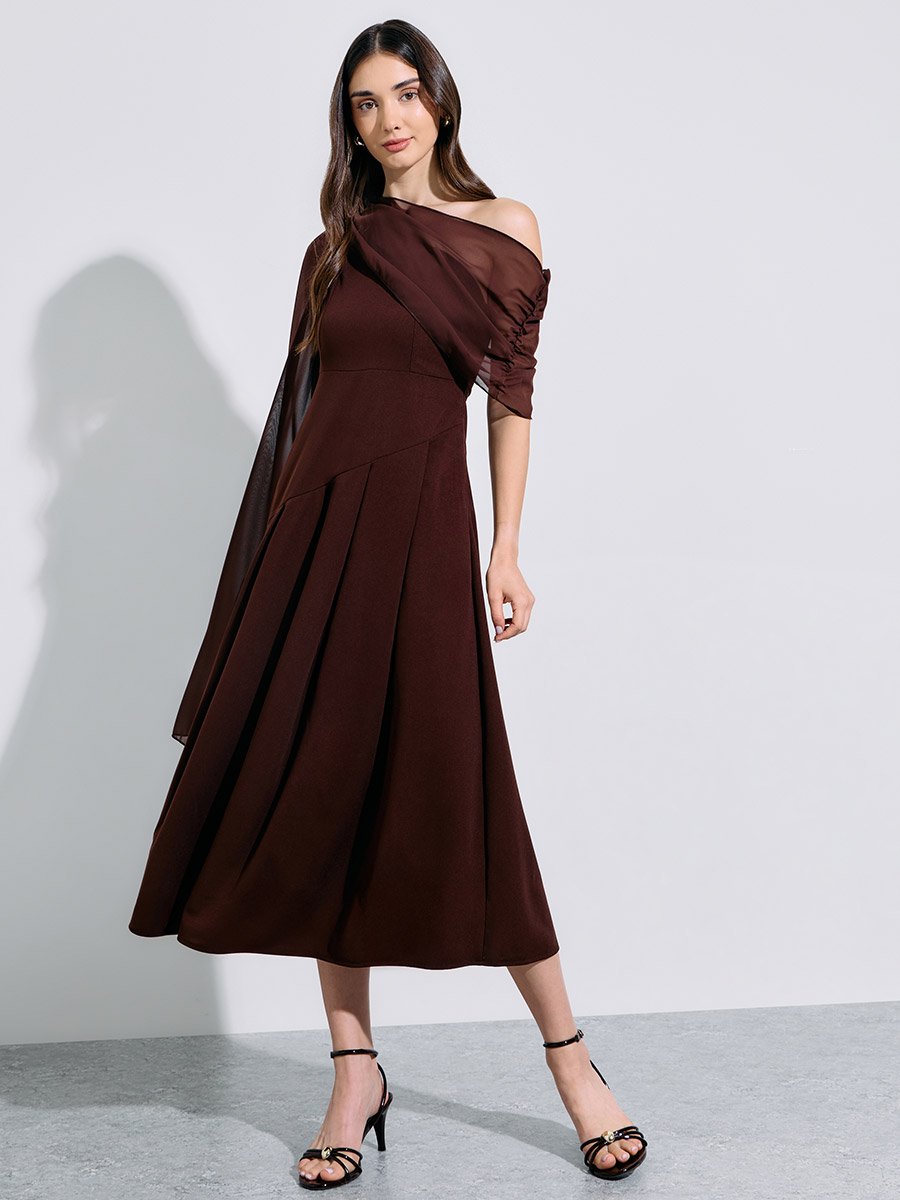 Brown Solid Cape Sleeves A-Line Midi Dress