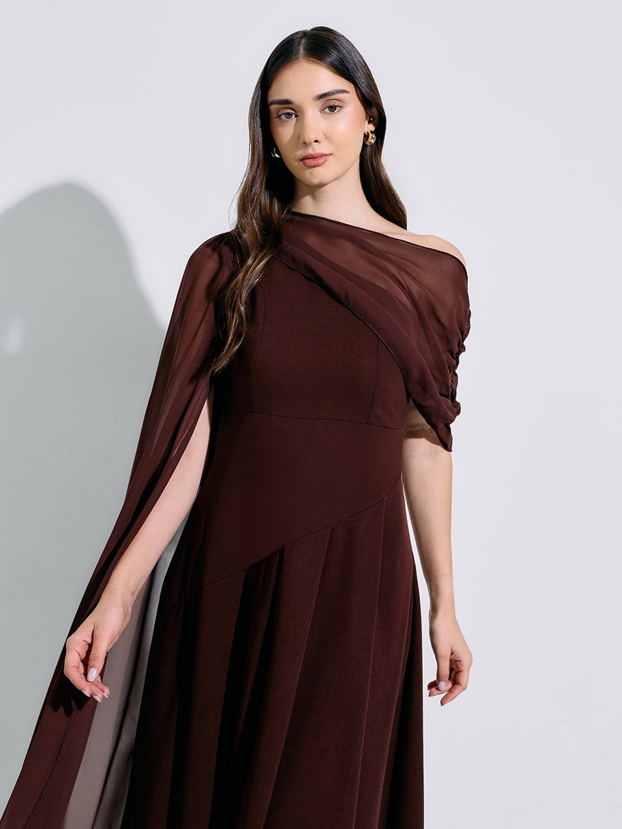 Brown Solid Cape Sleeves A-Line Midi Dress