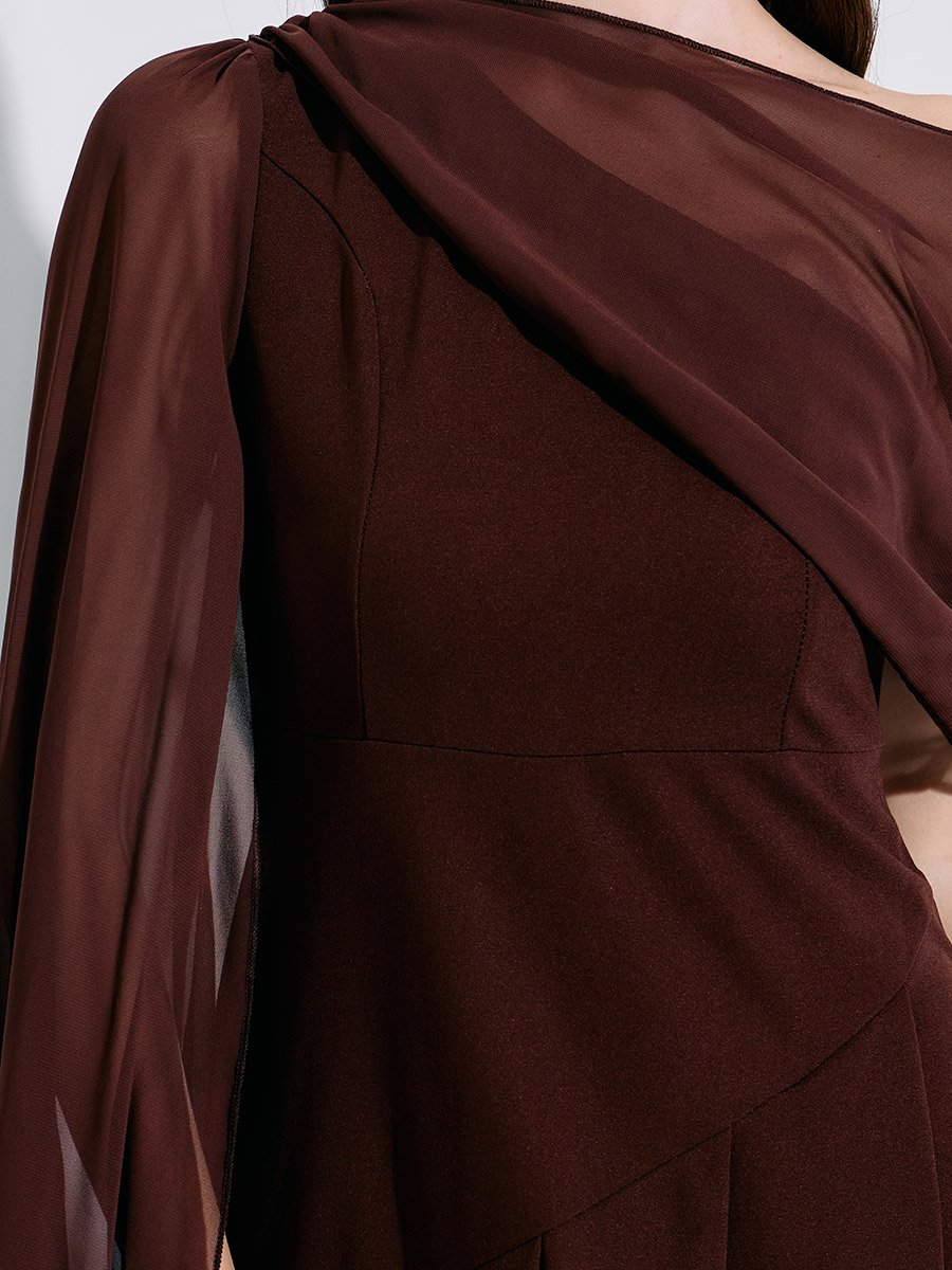 Brown Solid Cape Sleeves A-Line Midi Dress
