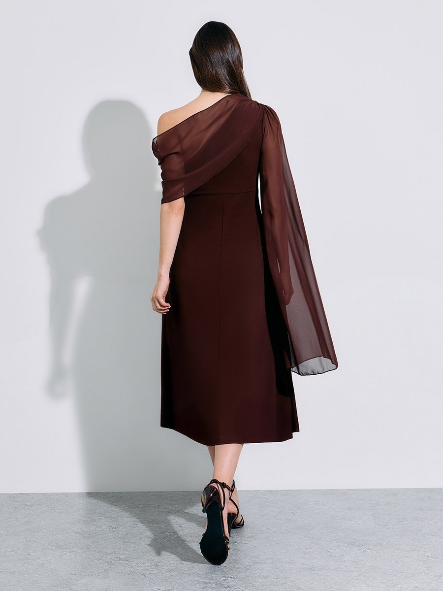Brown Solid Cape Sleeves A-Line Midi Dress