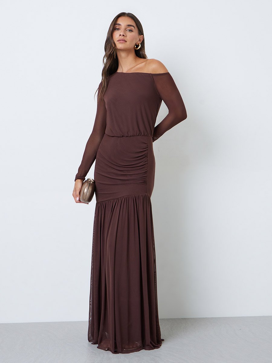 Brown Asymmetric Neck A-Line Maxi Dress