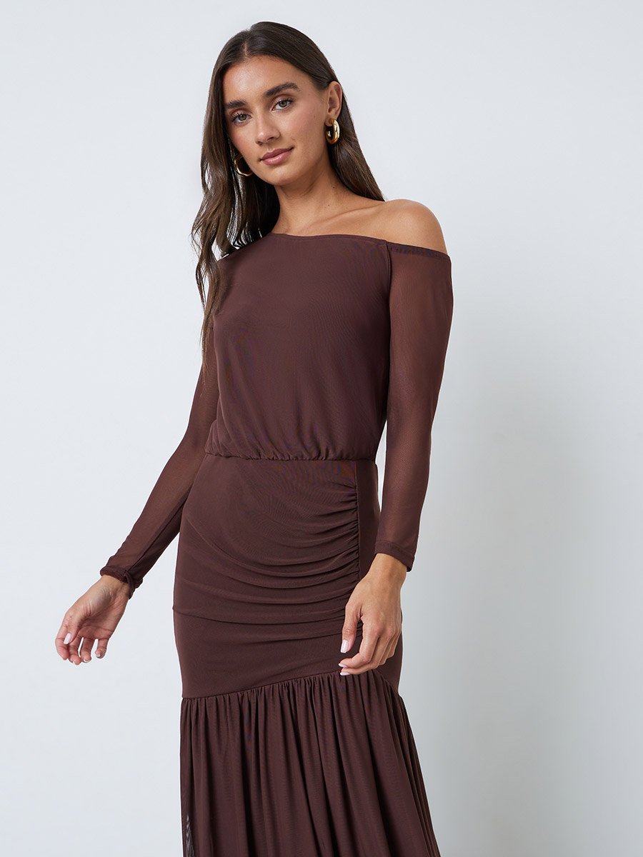 Brown Asymmetric Neck A-Line Maxi Dress