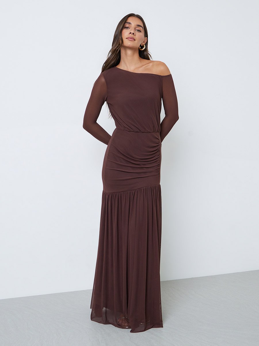 Brown Asymmetric Neck A-Line Maxi Dress