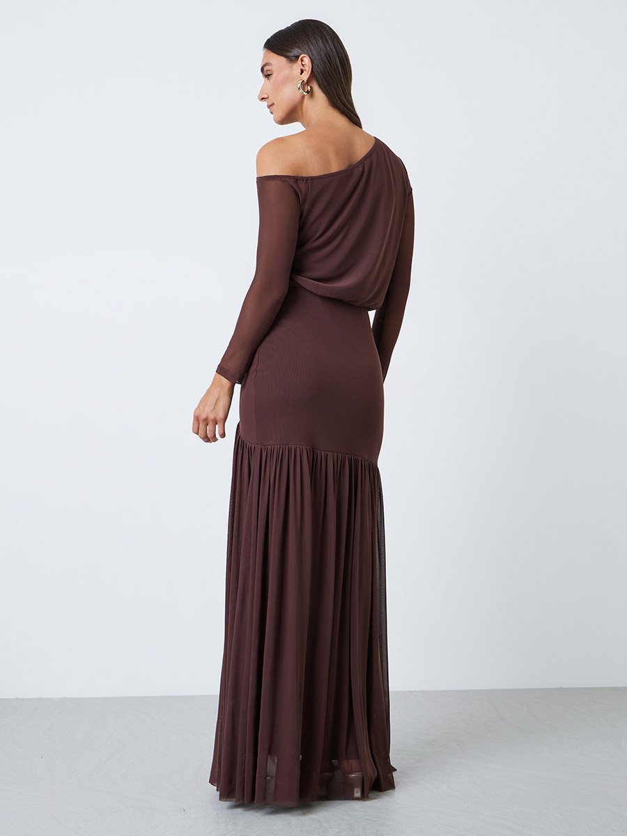 Brown Asymmetric Neck A-Line Maxi Dress