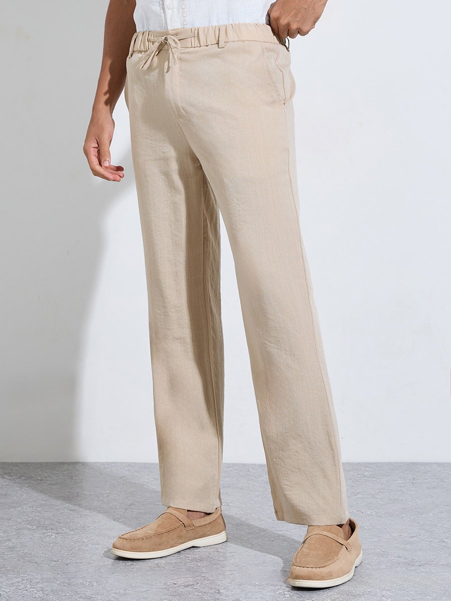 Men Plain Cotton Pants with Elastic Drawstring Waist