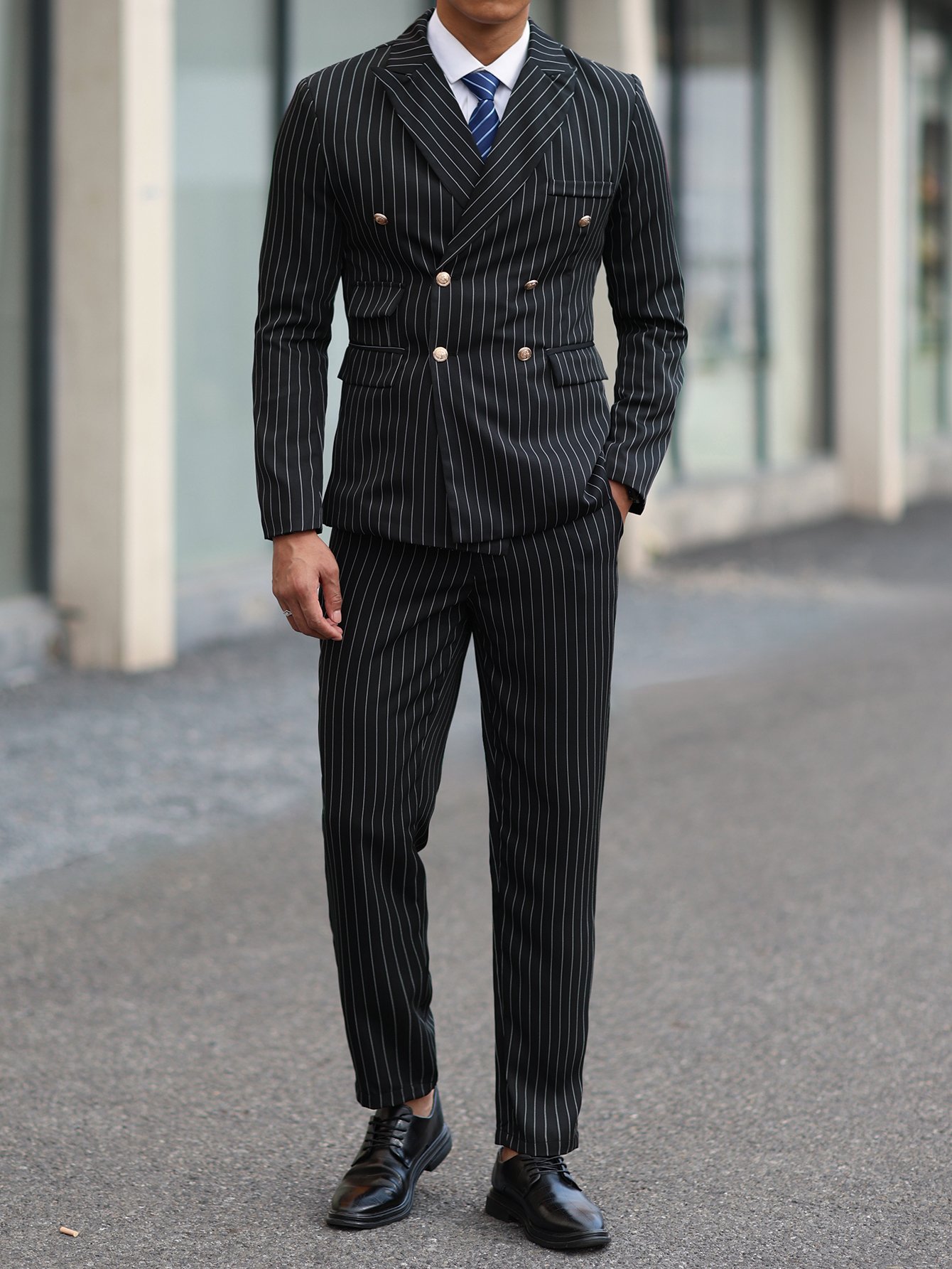 Black Pinstripe Double-Breasted Blazer and Trousers Co-Ords