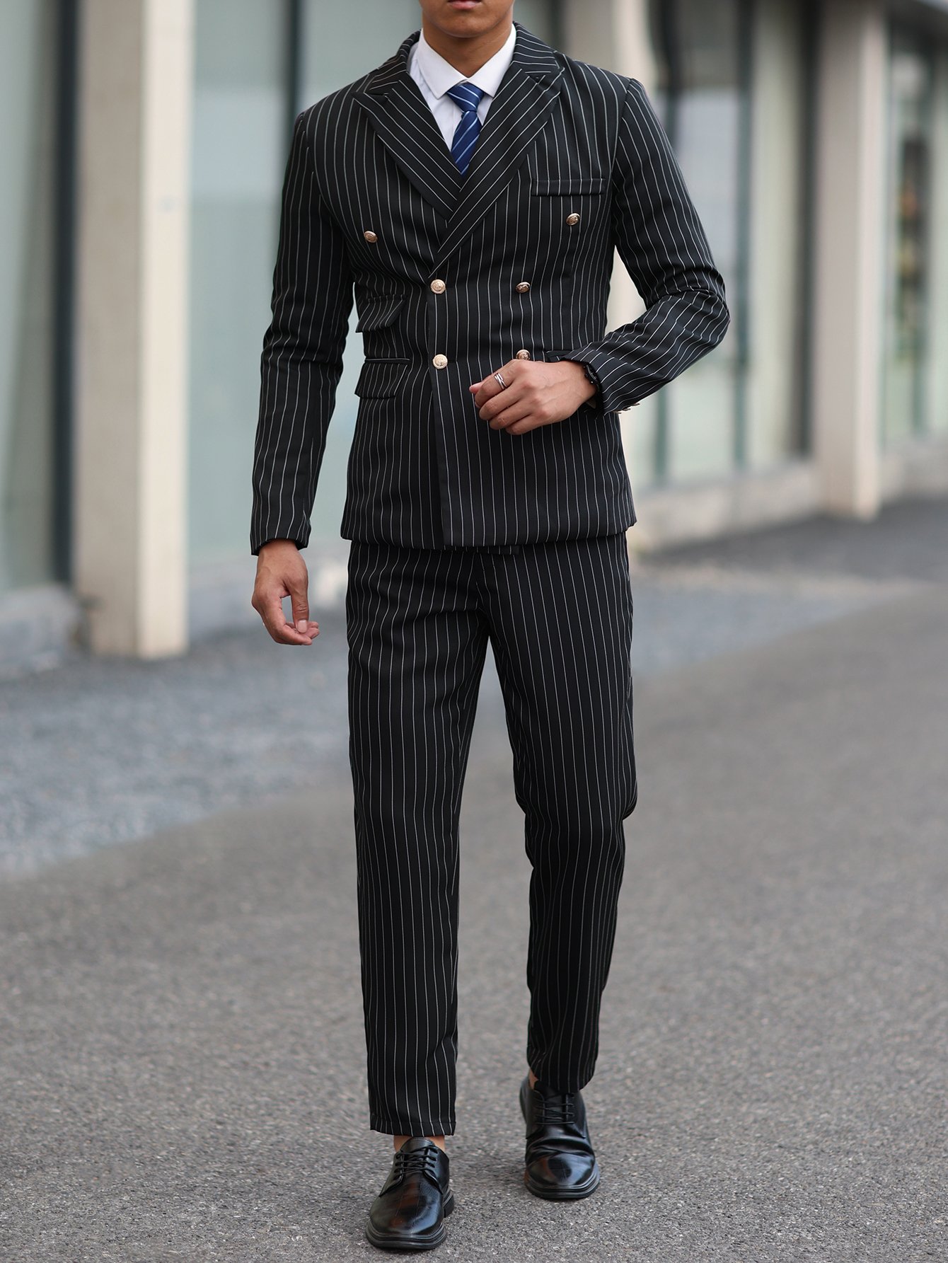 Black Pinstripe Double-Breasted Blazer and Trousers Co-Ords
