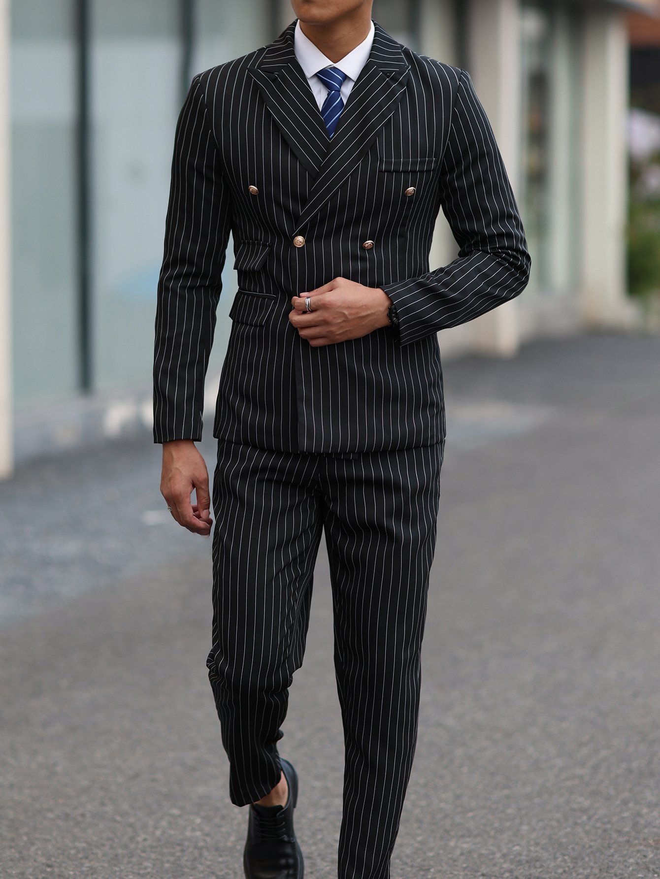 Black Pinstripe Double-Breasted Blazer and Trousers Co-Ords