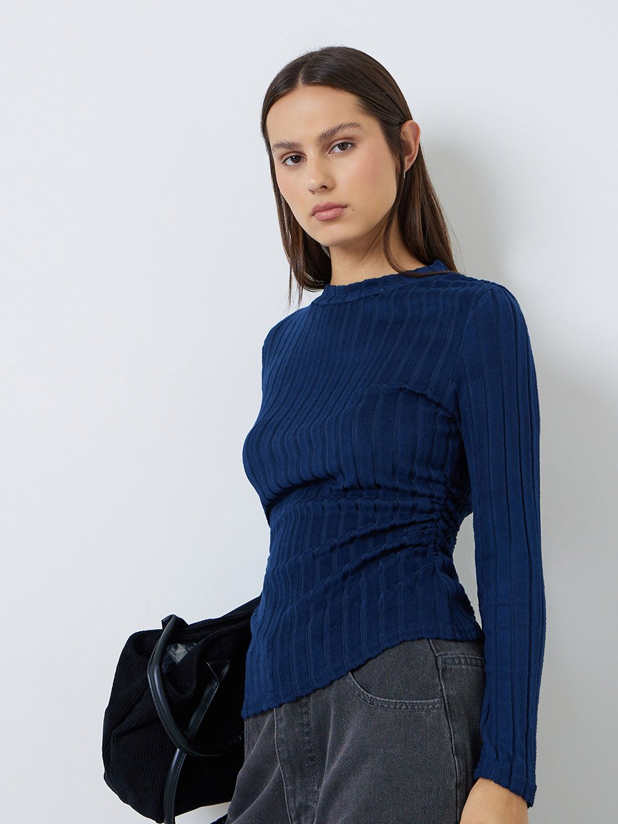 Navy Blue Brushed Wide Rib Knit Long Sleeve Top