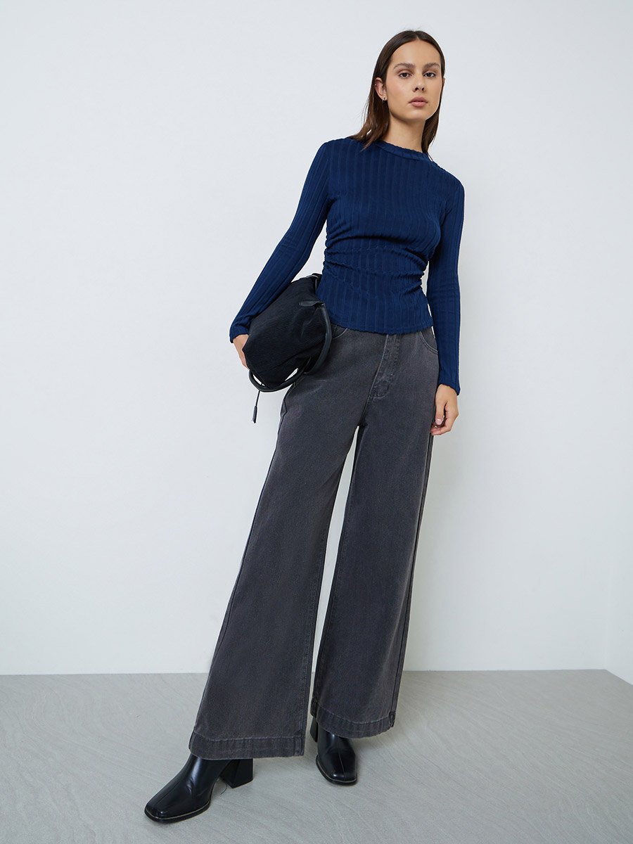 Navy Blue Brushed Wide Rib Knit Long Sleeve Top
