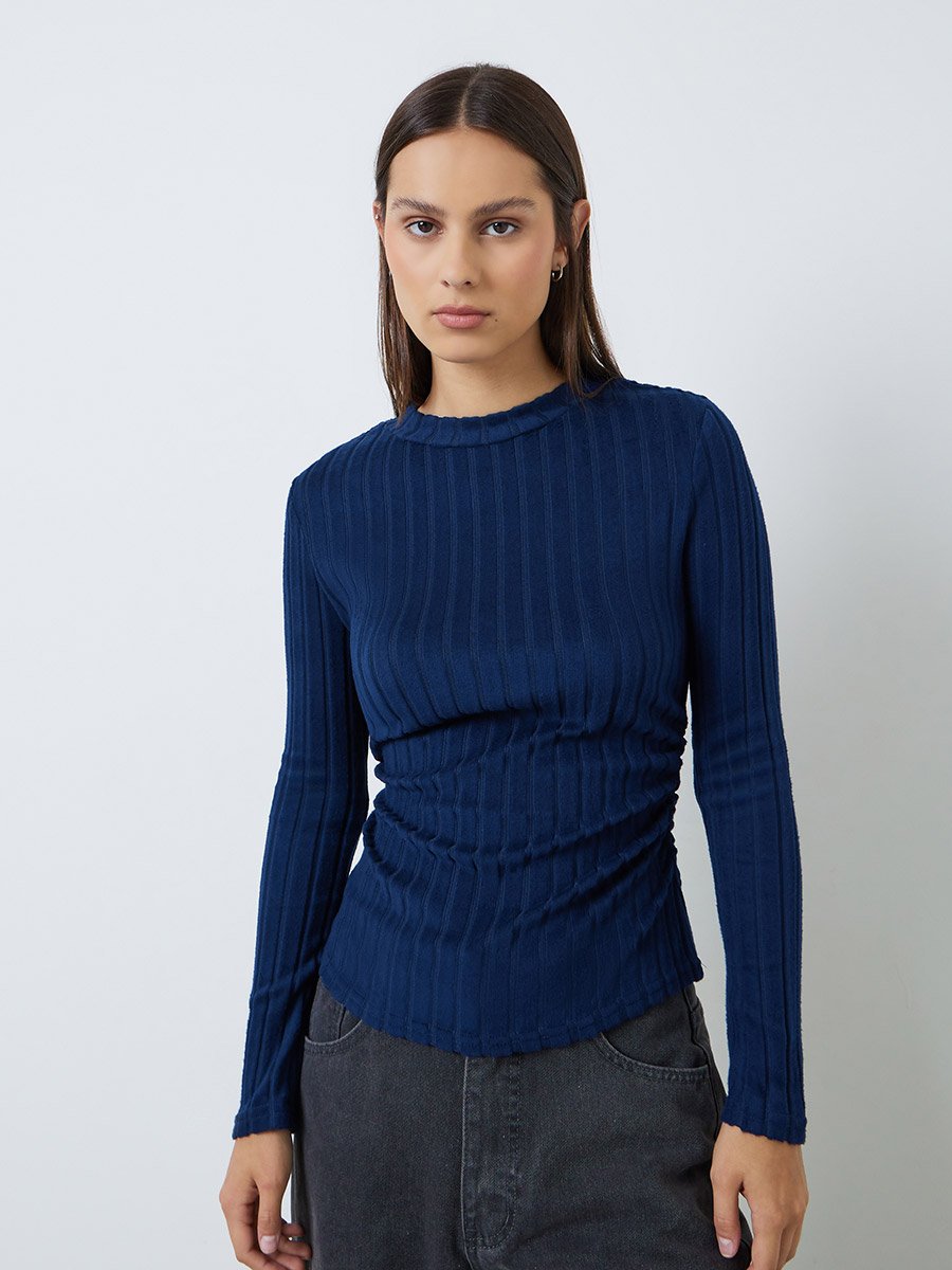 Navy Blue Brushed Wide Rib Knit Long Sleeve Top
