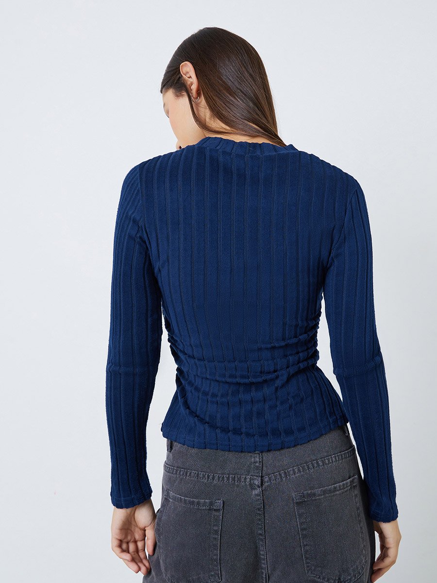 Navy Blue Brushed Wide Rib Knit Long Sleeve Top