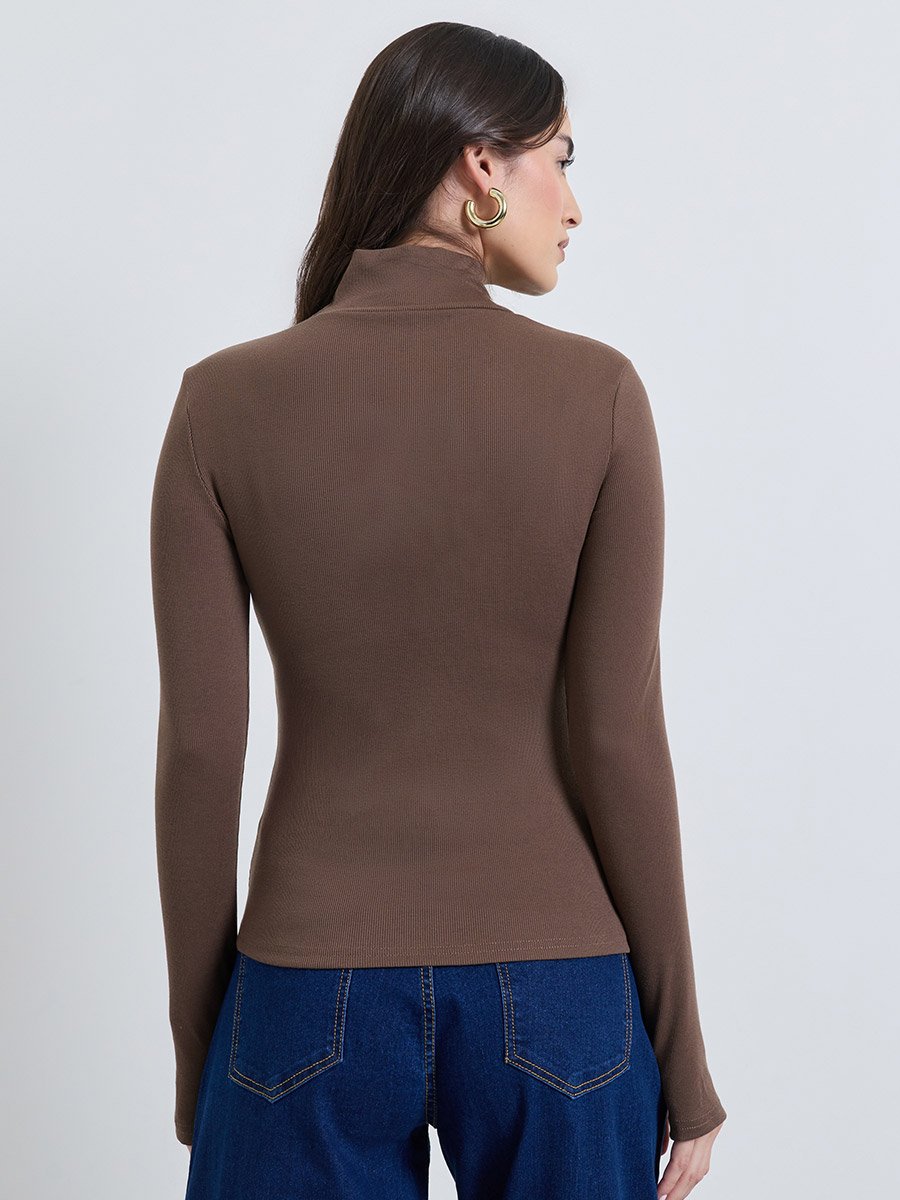 Brown Ribbed High Neck Knit Top