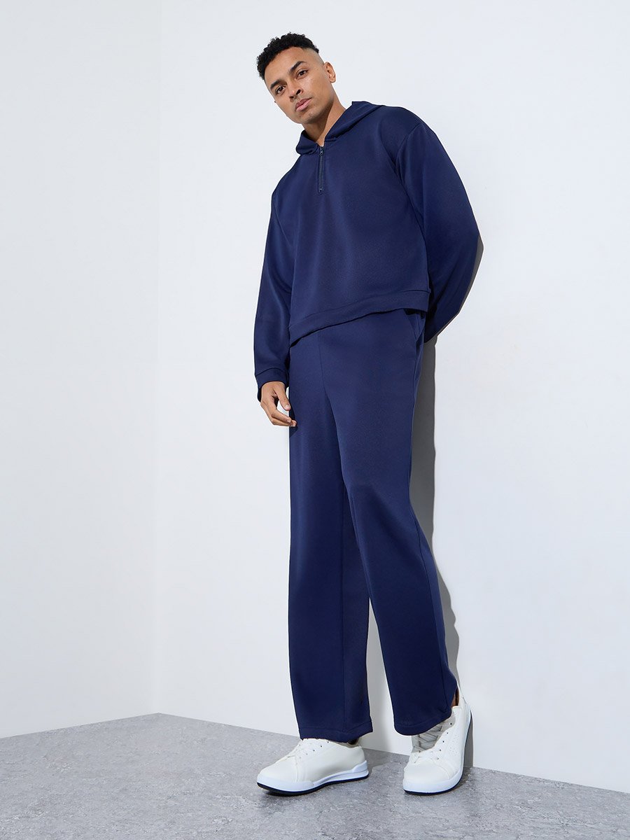 Men Navy Blue Plain Long Sleeve Hoodie and Joggers Co-Ords