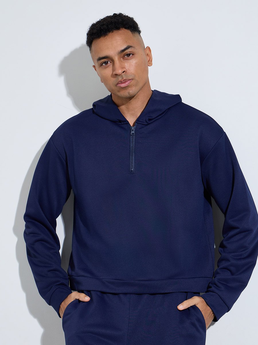 Men Navy Blue Plain Long Sleeve Hoodie and Joggers Co-Ords