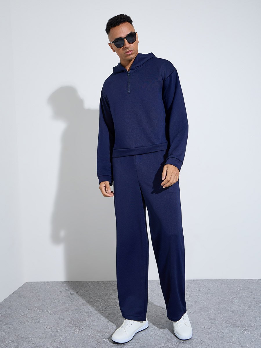Men Navy Blue Plain Long Sleeve Hoodie and Joggers Co-Ords